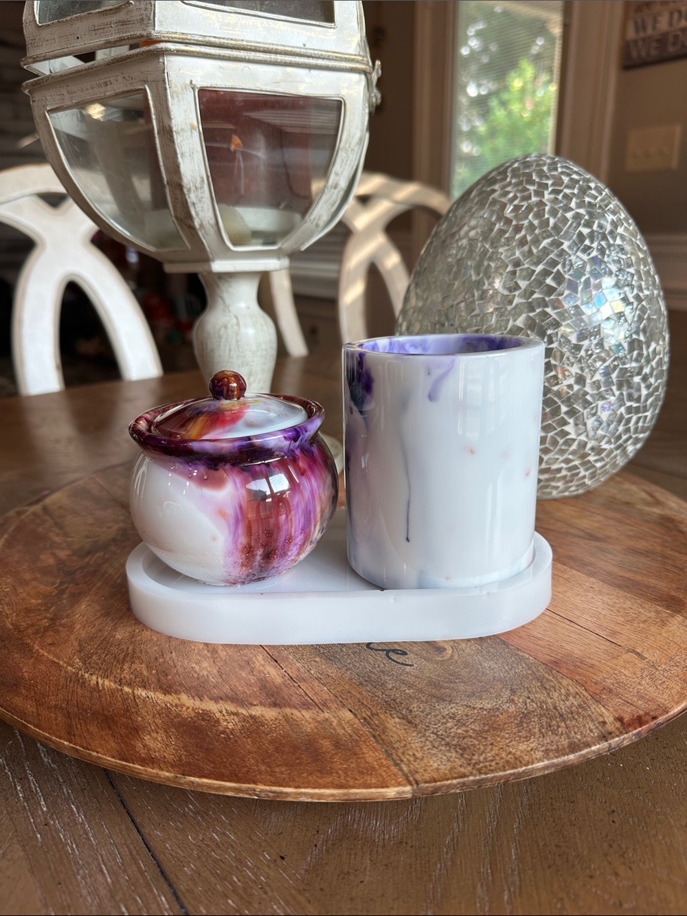 Handcrafted Purple Marble Vanity Tray Set with Jar and Cup